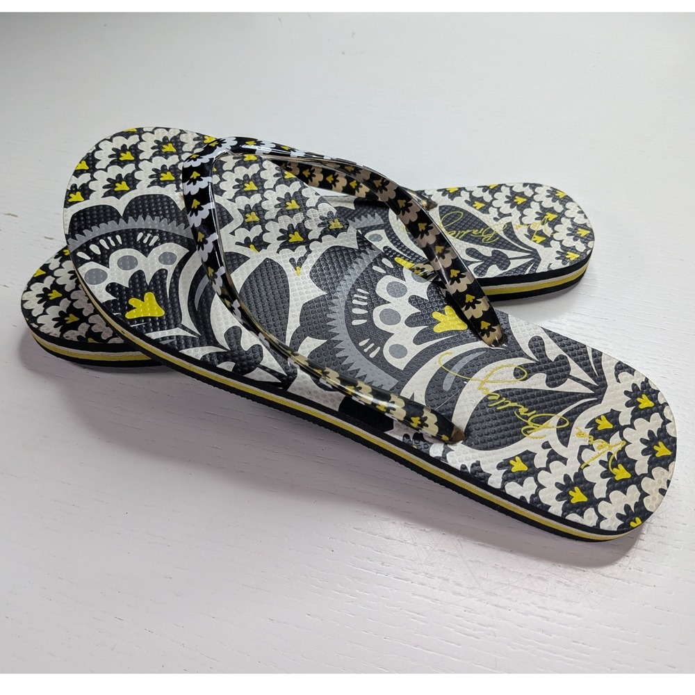 Vera Bradley Fanfare Flip Flops Womens M 7-8 Black Yellow Floral Sandals
